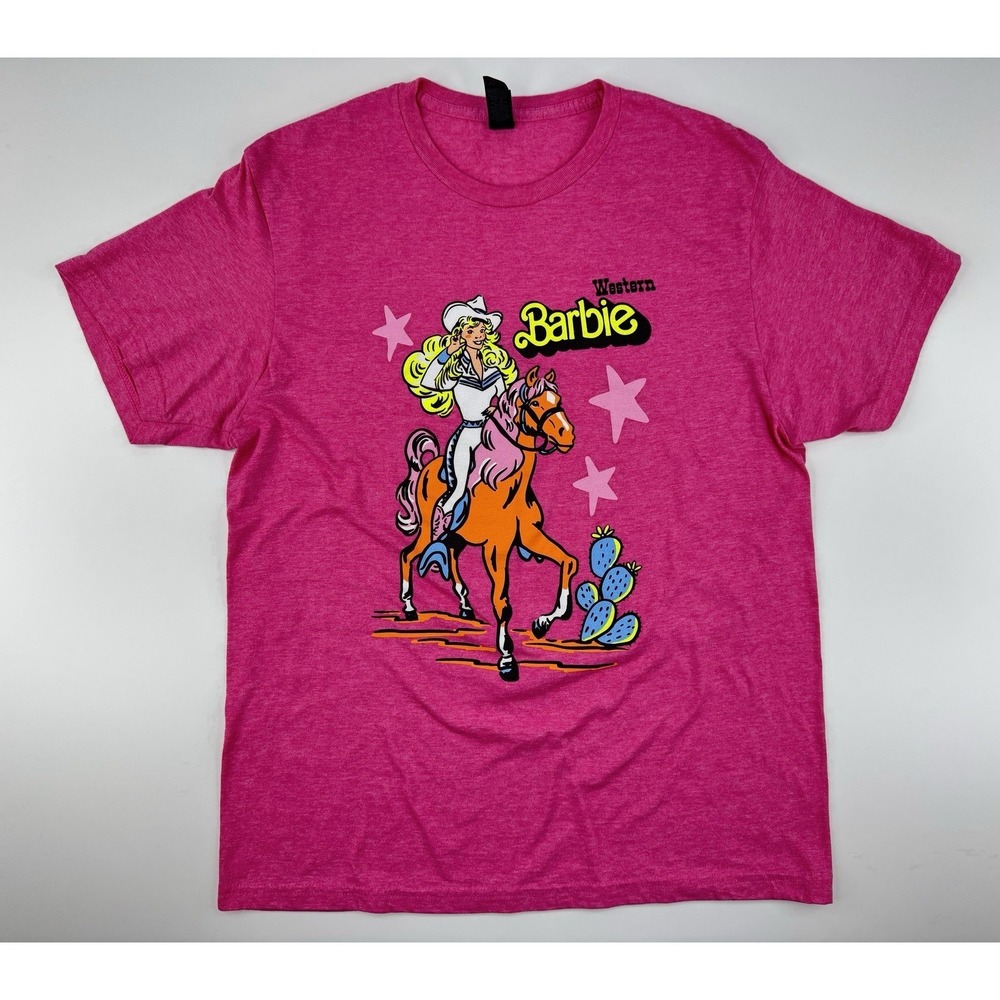 Western Barbie Graphic Tee Pink Cowgirl Horse Movie Style Shirt Adult Medium